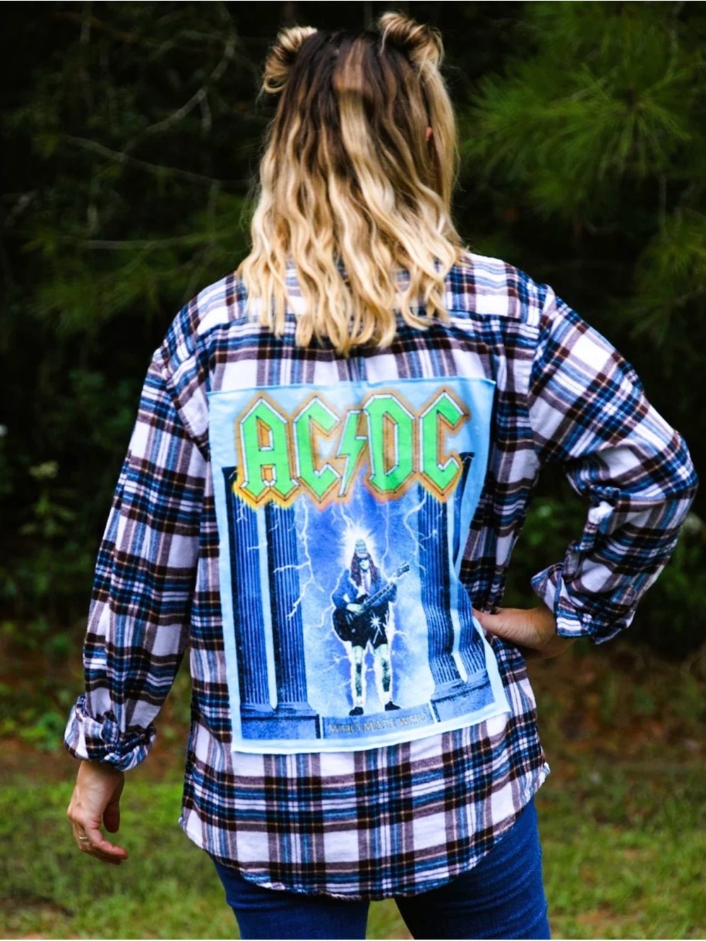 Upcycled AC/DC Plaid Flannel Shirt